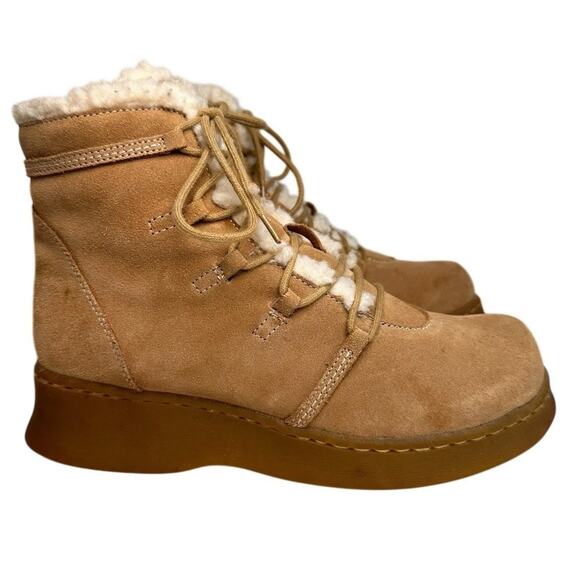 Vtg Y2K Report Tan Suede Fur Rubber Chunky Heel Ankle Boots Womens Sz 7.5 90s - Picture 2 of 16